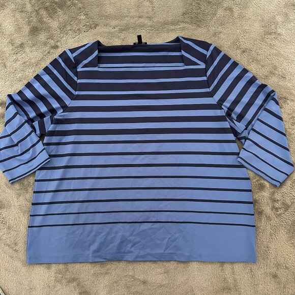 Talbots Blouse 2XL Petite 2X Square Neck Shirt Blue Navy Stripe Silky 3/4 Sleeve - Picture 1 of 5
